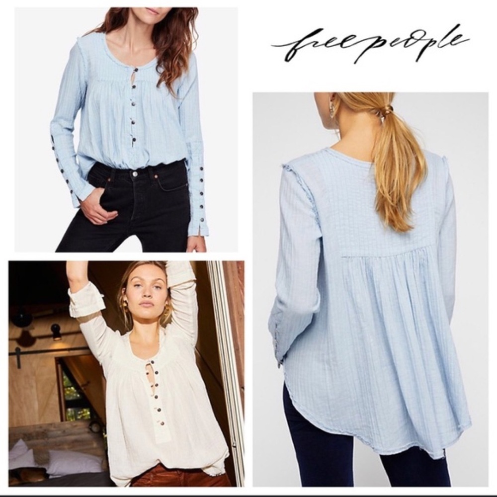 Free People Blue Smocked Blouse with Buttoned Details